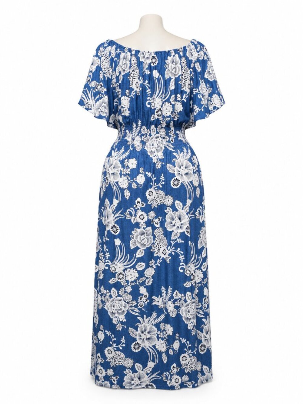 Kindred Blue White Floral Maxi Dress Plus 2X Smocked Waist Boho Flutter Sleeve - Picture 4 of 6
